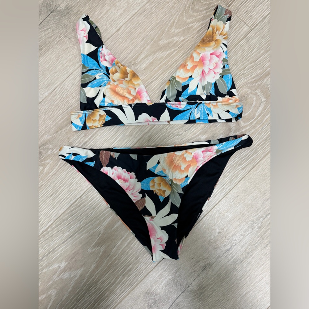 Floral Black Bikini Set with Blue & Peach Blooms